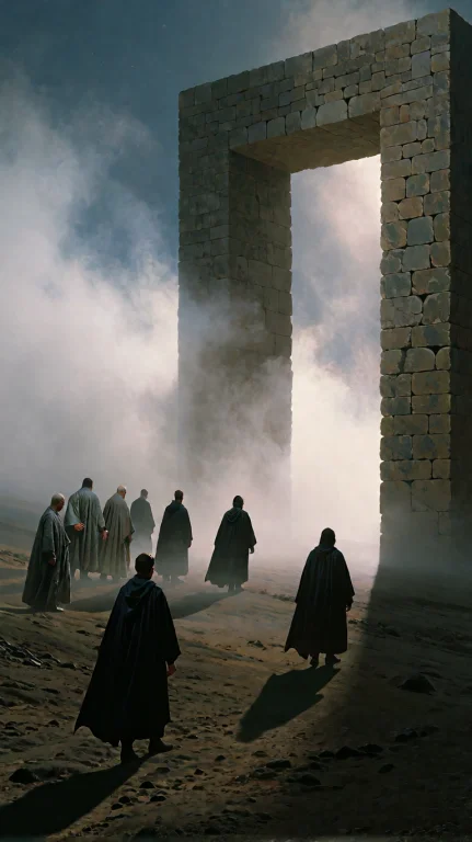 Wide Shot From A Low Angle Showing Seven Cloaked Human Figur...