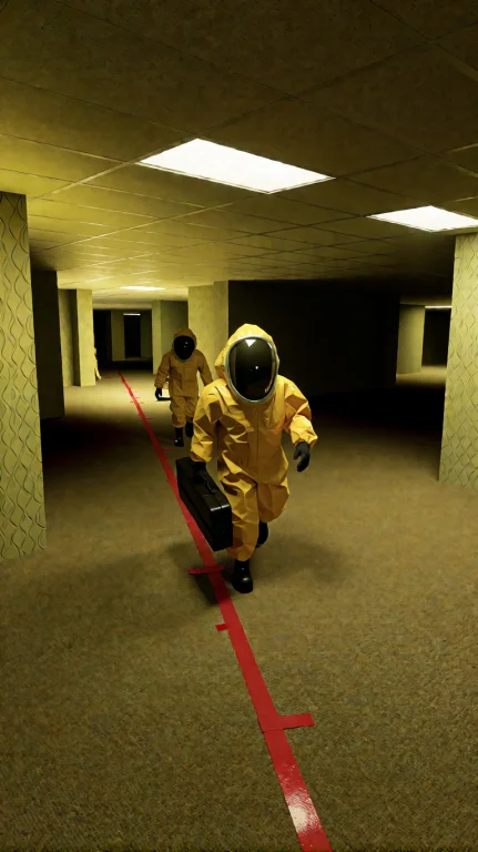 Wide-angle Eye-level View Inside A Vast Yellow Backrooms Cha...