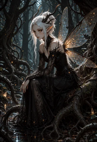 A Dark Fantasy Portrait Of An Adult Fae Woman Sitting Alone... — Stable Diffusion AI Prompt: A dark fantasy portrait of an adult fae woman sitting alone on a massive twisted...