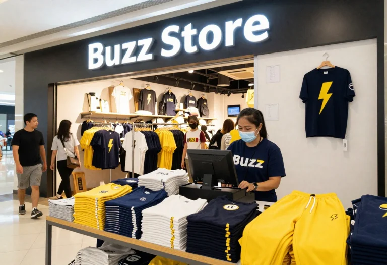 A Store That Says Buzz Store With A Neon Sign In It. Shopper...