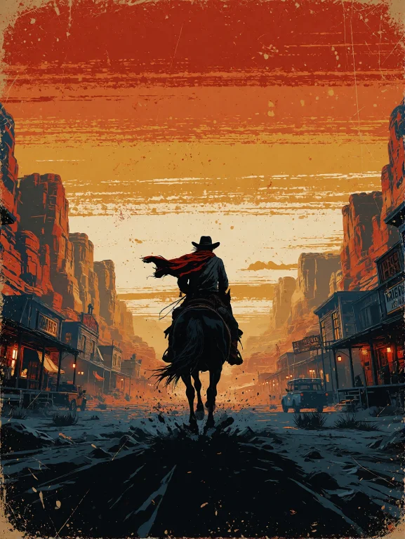 1970s Retro Screenprint Artwork Featuring A Lone Cowboy On H...
