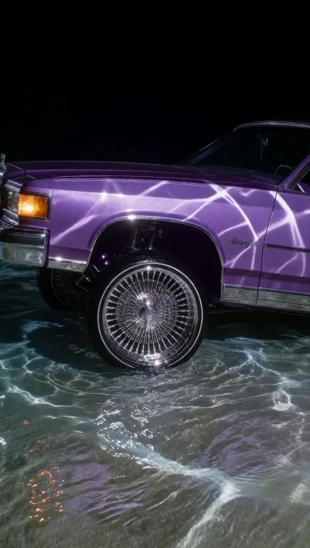 Dclumnefct. Purple Lowrider Car With 1000 Spoke Rims, Partia...