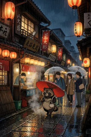 A Narrow Covered Shopping Street In An Old Japanese Town On... — Stable Diffusion AI Prompt: A narrow covered shopping street in an old Japanese town on a rainy night, the p...