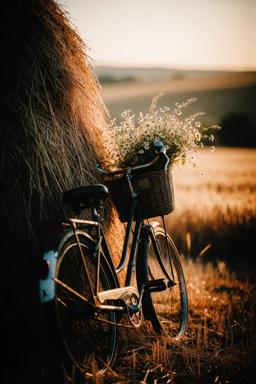 Countryside Fields At Dusk, An Old Bicycle Leaning Against A...