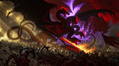 Subject And Action The Red Dragon Of Revelations. A Colossal... — Stable Diffusion AI Prompt: Subject and Action THE RED DRAGON OF REVELATIONS. A colossal, multi-headed red d...