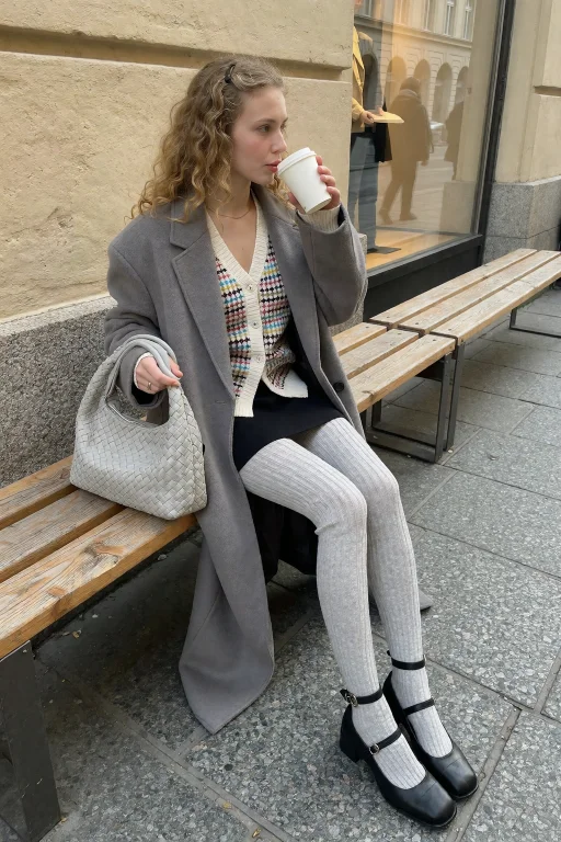 一位金发卷发的年轻女性坐在城市街道旁的木质长椅上，她身穿一件...