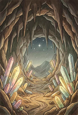 An Underground Kingdom Lit By Veins Of Crystal, Editorial Il... — Stable Diffusion AI Prompt: an underground kingdom lit by veins of crystal, editorial illustration, muted ea...