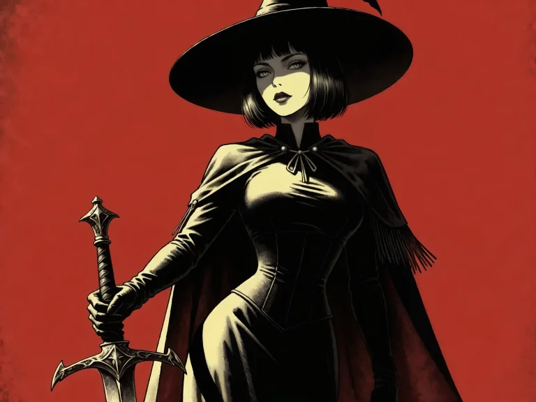 Witch In Black Hat Cloak Holding Sword Red Background Comic...
