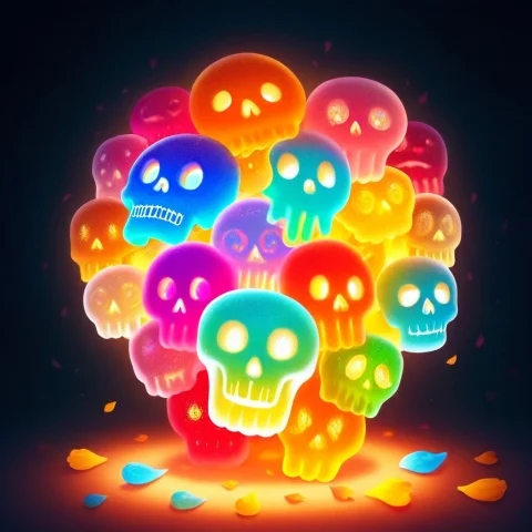 A Gummy Sugar Skull On The Table With Marigold Petals, Parts... — SDXL AI Prompt: a gummy sugar skull on the table with marigold petals, Parts that you can see li...