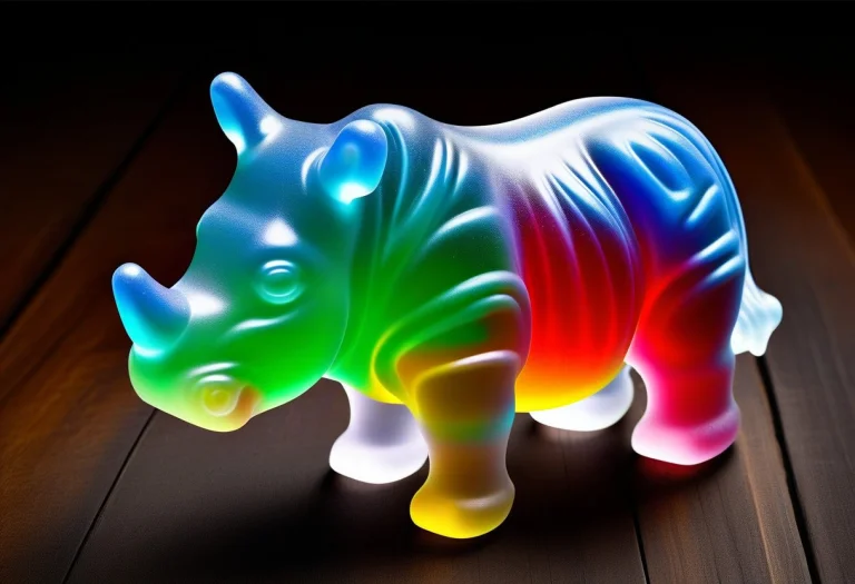 A Vibrant, Translucent Gummy Rhinoceros Stands As The Focal...