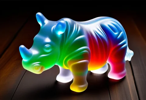 A Vibrant, Translucent Gummy Rhinoceros Stands As The Focal... — SDXL AI Prompt: A vibrant, translucent gummy Rhinoceros stands as the focal point of the image....