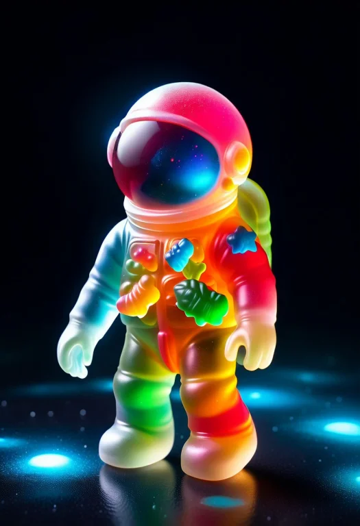 Gummymorph, 8k, Raw Digital Photo, A Tiny Astronaut Floating...