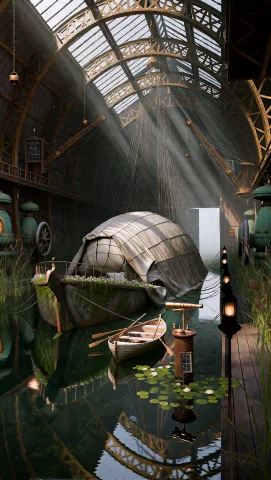 Imagine A Colossal Hangar Built For Airships, Now Sitting Hu... — Stable Diffusion AI Prompt: Imagine a colossal hangar built for airships, now sitting hushed at the edge of...