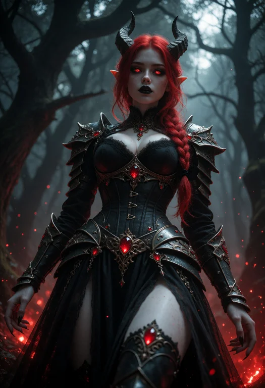 Pale Skin, Red Hair In A Thick Braid, Red Eyes Glowing, Blac...