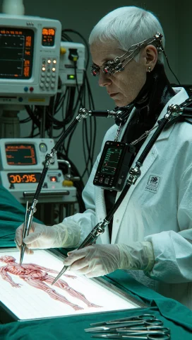 Dcsc1f1. Medium Close-up, Side Profile Of A Cyberpunk Surgeo... — Stable Diffusion AI Prompt: DCSC1F1. Medium close-up, side profile of a cyberpunk surgeon standing beside an...