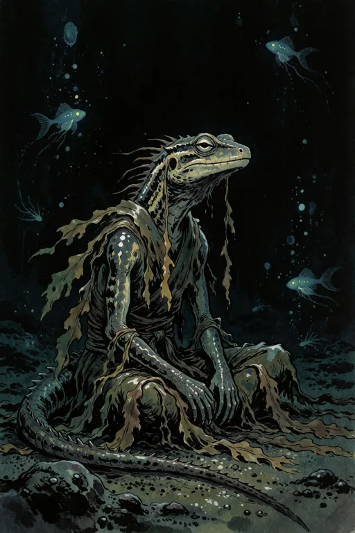 Mysterious Anthropomorphic Lizard Sitting Alone On The Deep,...