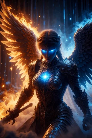 Masterpiece, Best Quality, Angel Vs Demon, Mid-air Battle, G... — Stable Diffusion AI Prompt: masterpiece, best quality, angel vs demon, mid-air battle, glowing sword, flamin...
