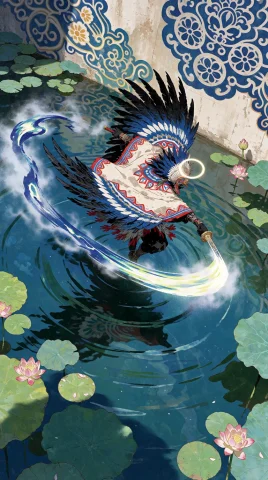 1girl, Solo, Adult, Winged Dancer Mid-spin, Sword Trailing A... — Stable Diffusion AI Prompt: 1girl, solo, adult, winged dancer mid-spin, sword trailing a wet indigo brushstr...