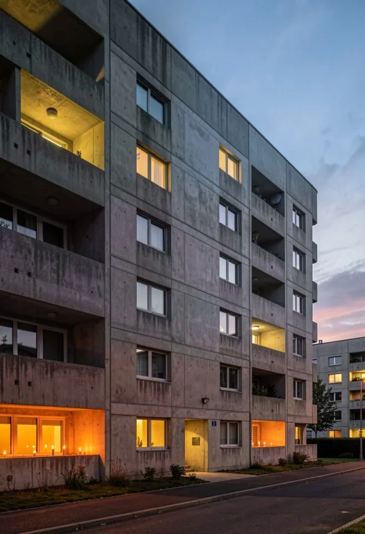 A Brutalist Concrete Housing Block At Dusk, Candlelight, F1....