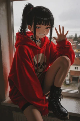 Var5ve A Solo Girl With Long Black Hair Tied In A High Ponyt... — Stable Diffusion AI Prompt: @Var5ve A solo girl with long black hair tied in a high ponytail, bangs cut blun...