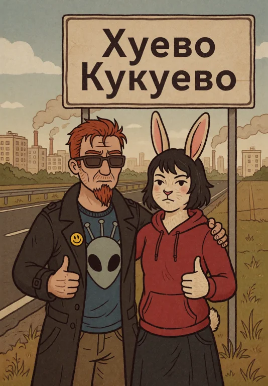 A Humorous Roadside Photo-style Scene A Man And A Female Ant...