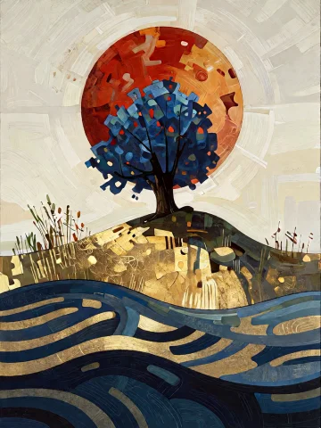 Bradhamel Art Style. Vertical Canvas Painting Of A Solitary... — Stable Diffusion AI Prompt: Bradhamel art style. Vertical canvas painting of a solitary dark blue tree stand...