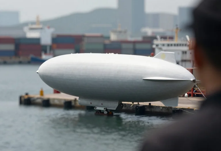 A Cargo Airship Moored Above A Busy Port, Photorealistic, Bo...