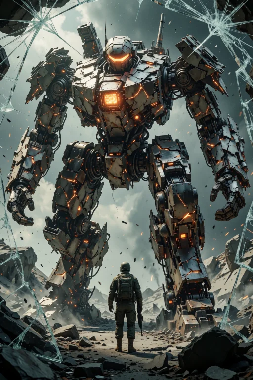 A Colossal Mech Looms Over A Lone Soldier Standing On Shatte...