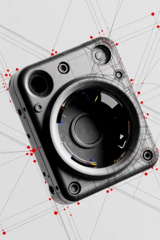 A Metallic Device With A Circular Port And Transparent Windo... — Stable Diffusion AI Prompt: A metallic device with a circular port and transparent window floats amid inters...