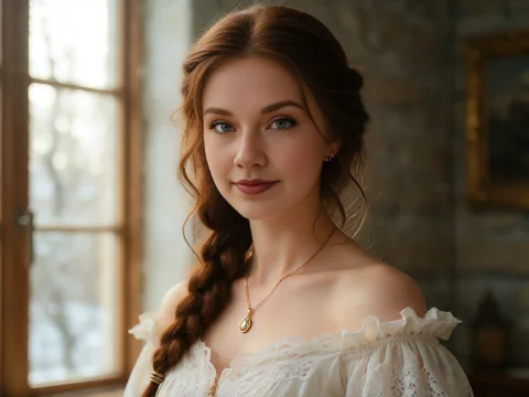 A Scandinavian Divine Beauty, Jennifer, With Long Chestnut-b... — Stable Diffusion AI Prompt: A Scandinavian divine beauty, Jennifer, with long chestnut-brown hair swept into...