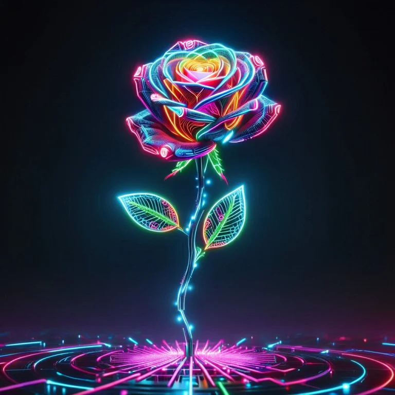 Led, Colorful Led Lights A Neon Cybernetic Rose Floating In...
