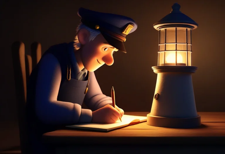 A Lighthouse Keeper Writing By Lamplight, Pixar Style 3d, Tw...