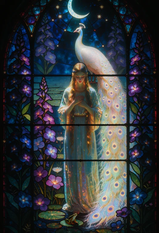 An Ethereal Stained Glass Window In A Tall Arched Lancet Com...