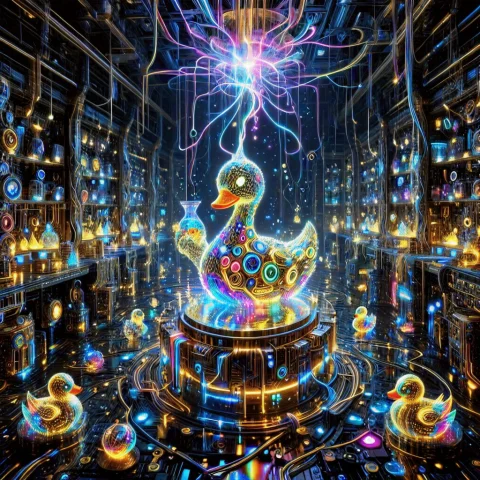 A Surreal Futuristic Alchemist Workshop, A Massive Mechanica... — SDXL AI Prompt: A surreal futuristic alchemist workshop, a massive mechanical rubber duck made o...