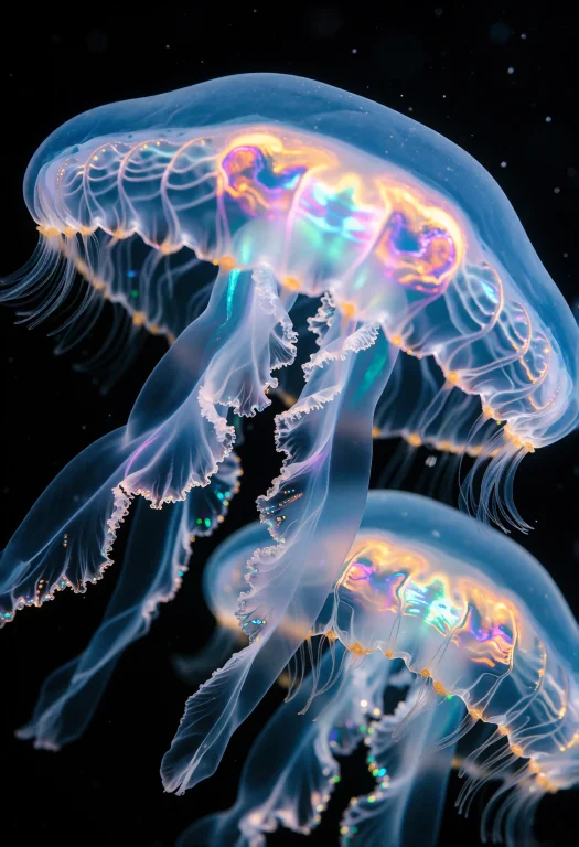 A Cluster Of Translucent Jellyfish Drifts Against A Pitch-bl...