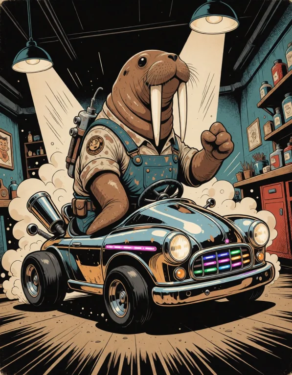 A Ridiculous Walrus Mechanic Squeezed Into A Tiny Garage Kar...