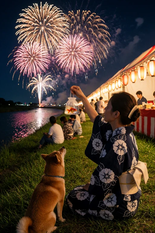 A Summer Festival Evening On A Grassy Riverbank In Japan, Fi...