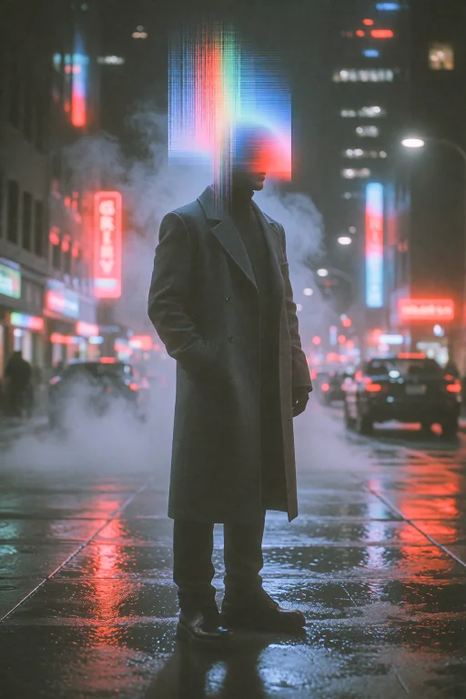 A Moody Urban Scene At Night. A Solitary Figure In A Long Co...