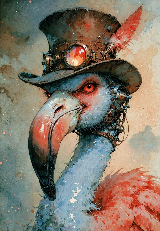 Adorable Cybernetic Flamingo, Wearing A Steampunk Top Hat, L...