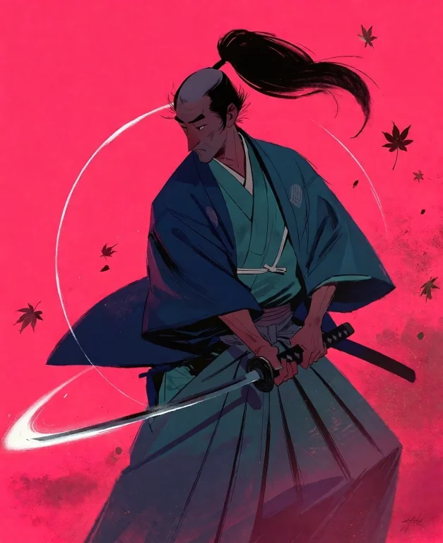 Medium Shot Of One Adult Samurai Alone, Body Turned Three-qu...