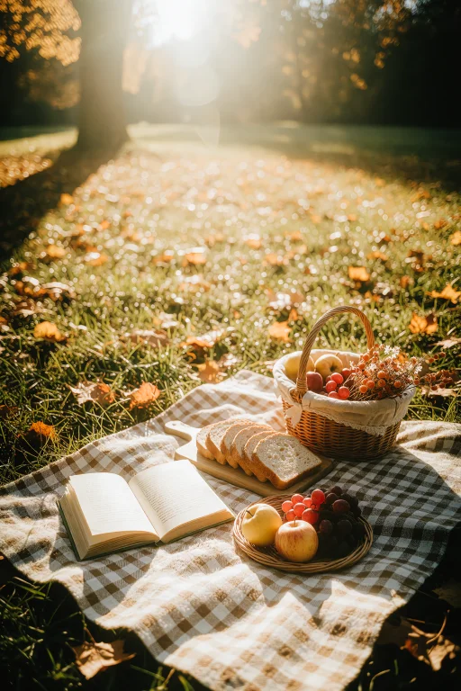 A Checkered Picnic Blanket On Autumn Grass, With Bread, Frui...