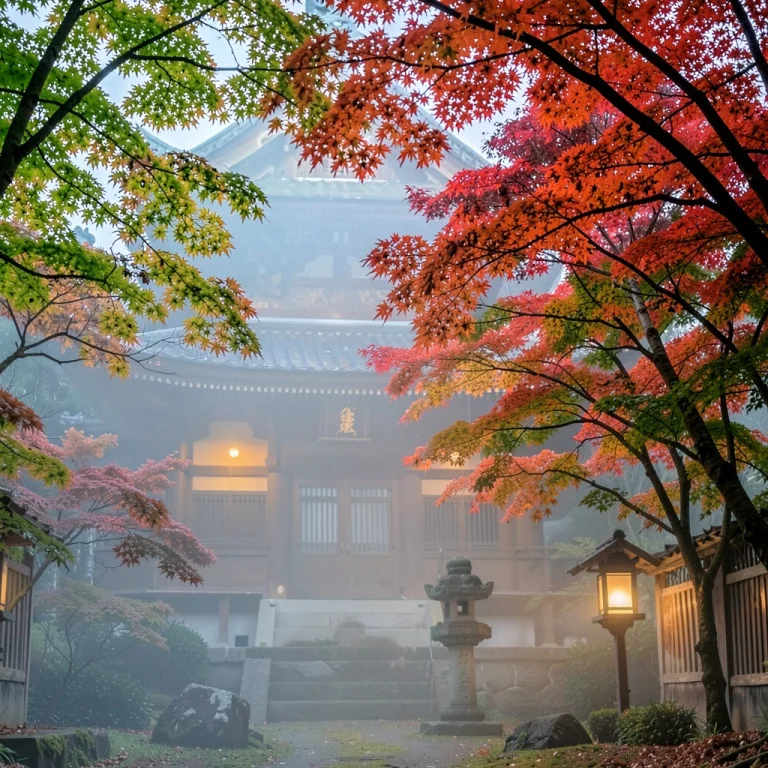 A Japanese Temple Framed By Autumn Maples, Lantern Light, So...