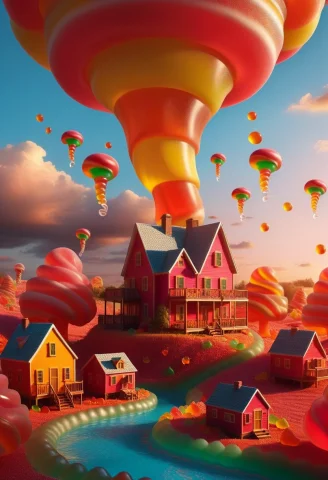 Gummymorph, A Giant Candy Tornado Sweeping Across A Surreal... — SDXL AI Prompt: gummymorph, a giant candy tornado sweeping across a surreal landscape, floating...