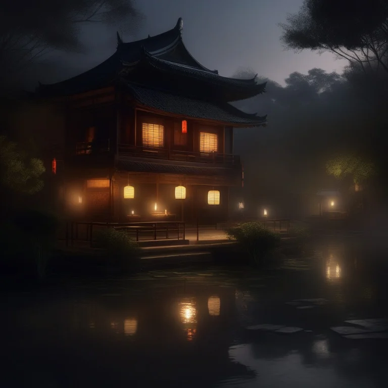 A Lantern-lit Teahouse Beside A Still Pond, Concept Art, Dra...