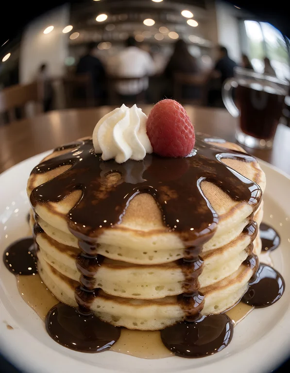 A Fish-eye Lens Of Pancakes Dripped In Chocolate Syrup.