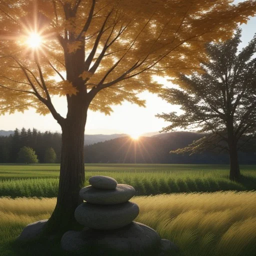 , Field, Sun,tree, Shiny,, Maple, Rock,