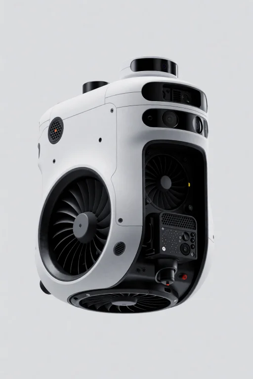 A White And Black Autonomous Drone Floats In Midair With Exp...