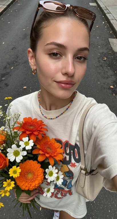 Ultra Realistic Selfie Photo Of A Young Woman Holding A Bouq...