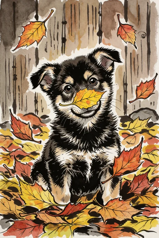 Small Puppy Sitting In A Pile Of Autumn Leaves, One Bright Y...