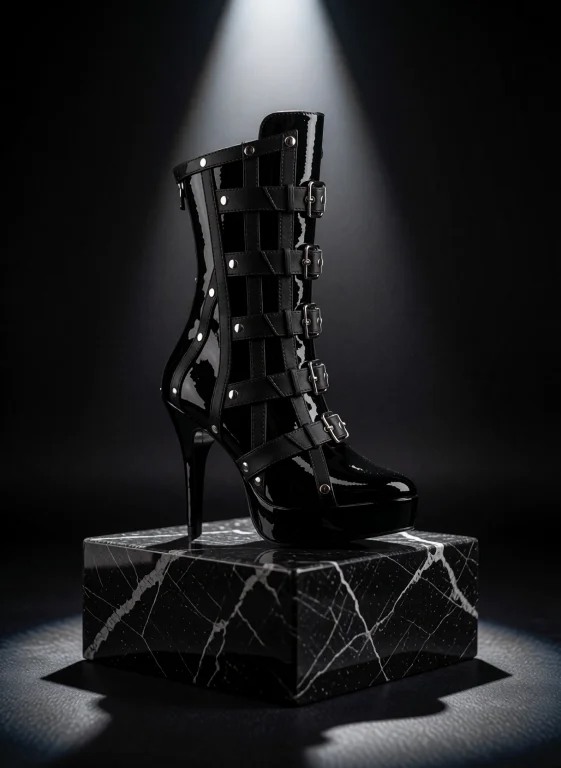 A Single Black Patent Leather Buckled Boot Displayed On A Po...
